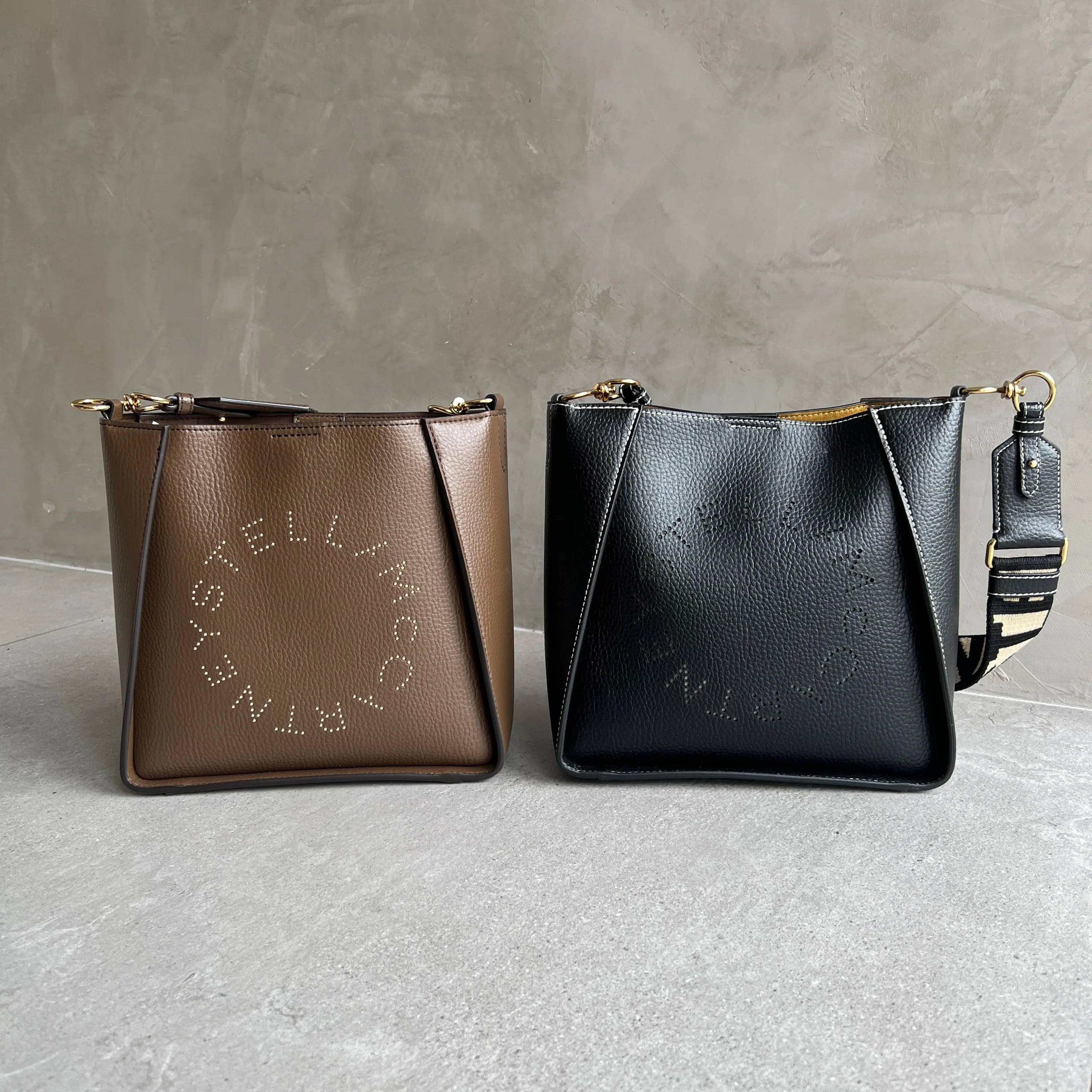 Stella Logo Mini Crossbody Hobo Grain Stud, Brown Bags_Stella Mccartney_Bags
