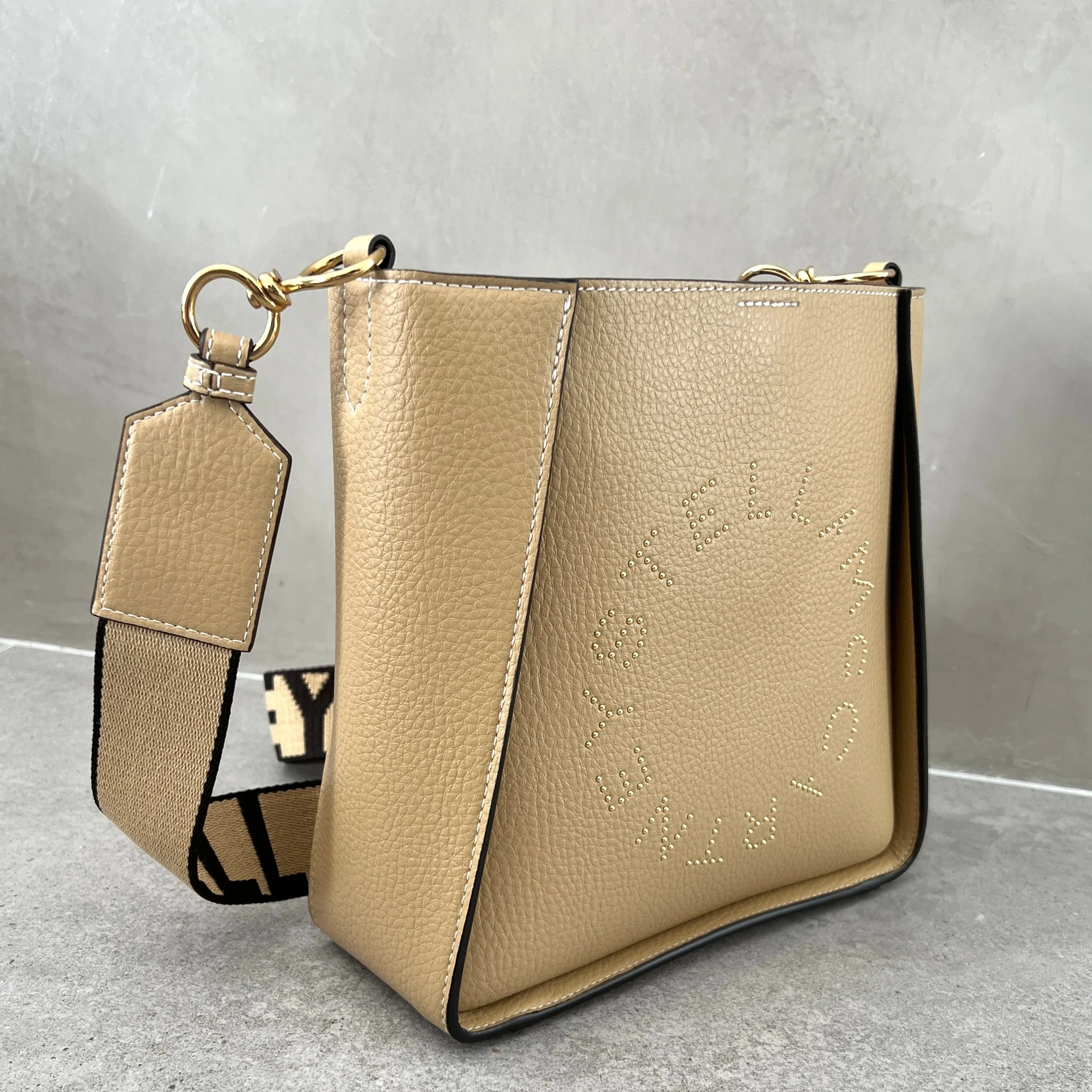 Stella Logo Mini Crossbody Hobo Grain Stud, Caramel Bags_Stella Mccartney_Bags