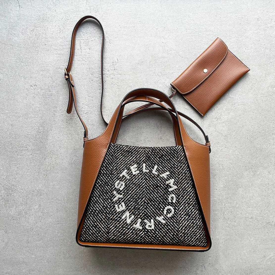 Stella Logo Tote C/B, Herringbone, Black/Pecan Bags_Stella Mccartney_Bags