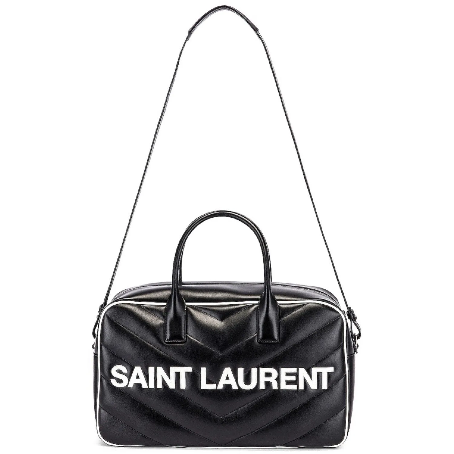 Ysl Bags Saint Laurent Miles Logo Black Calf Leather Duffel Bowling Bag 525145
