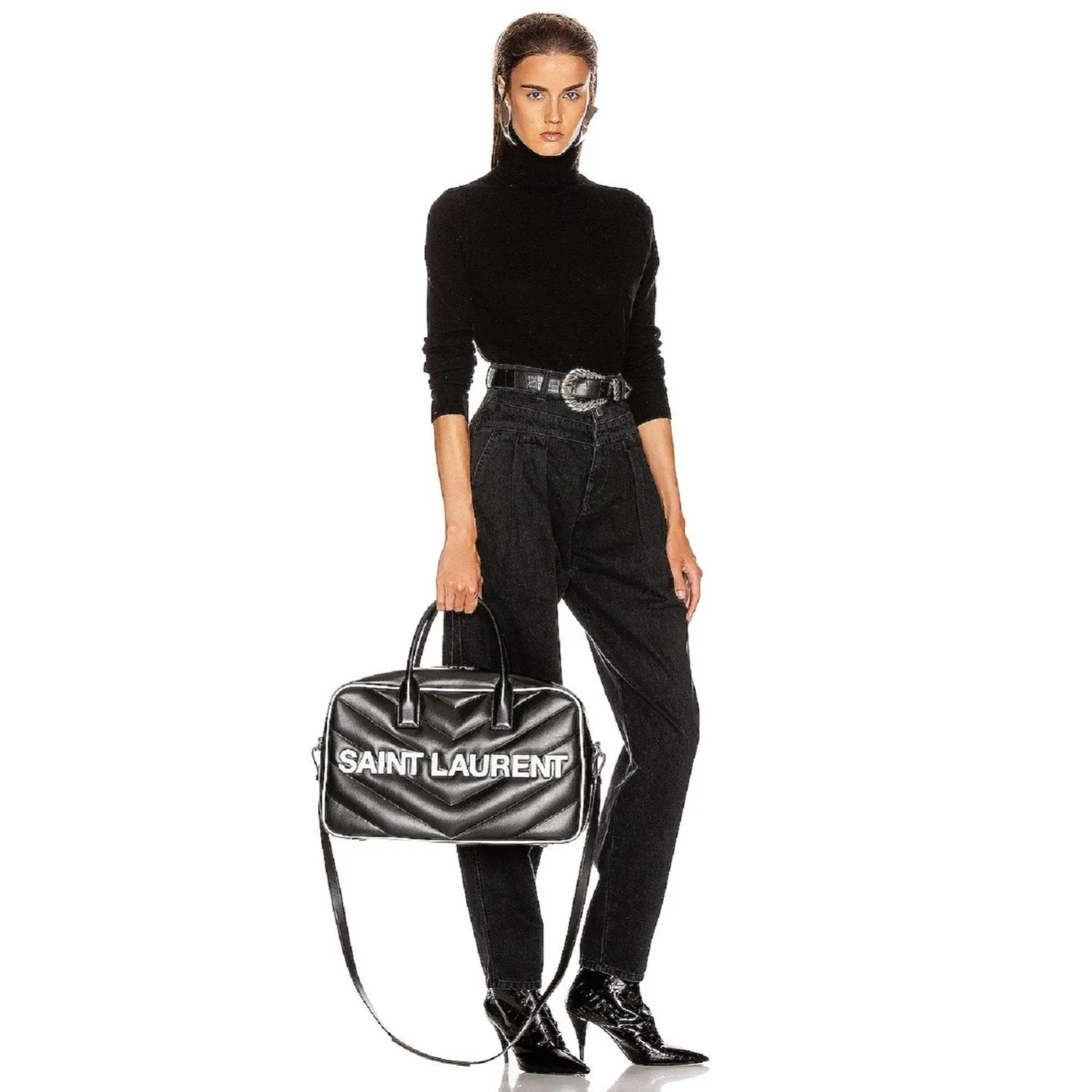 Ysl Bags Saint Laurent Miles Logo Black Calf Leather Duffel Bowling Bag 525145