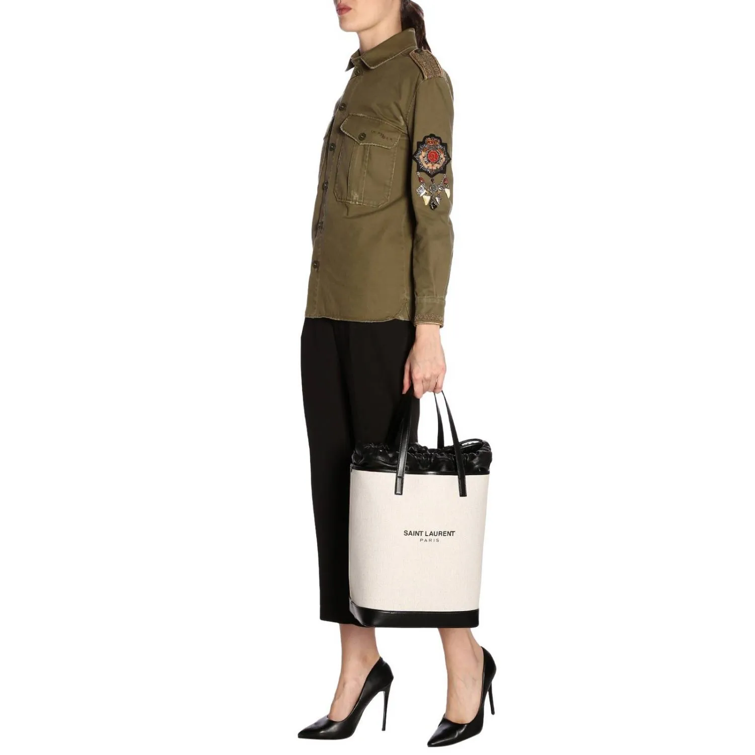 Ysl Bags Saint Laurent Teddy White Coated Linen Drawstring Bucket Bag 551595