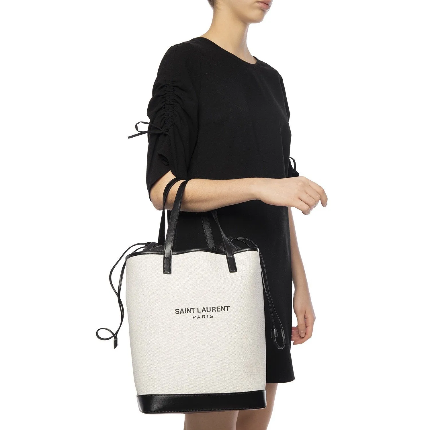 Ysl Bags Saint Laurent Teddy White Coated Linen Drawstring Bucket Bag 551595